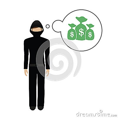 Criminal character thinks about a lot of money dollars Vector Illustration