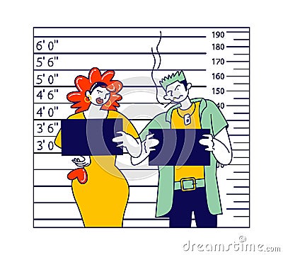 Criminal Characters Mug Shot in Police Station. Ginger Prostitute with Smoking Drug Dealer Stand at Height Scale Vector Illustration