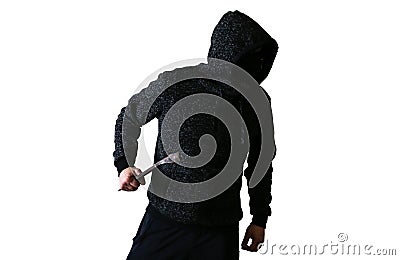 Criminal with crowbar isolated on white background. Robber in dark hoodie Stock Photo