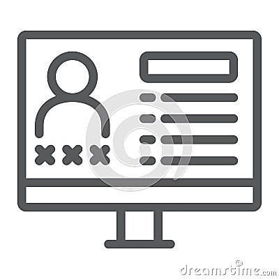 Criminal database line icon, data and crime, monitor sign, vector graphics, a linear pattern on a white background. Vector Illustration