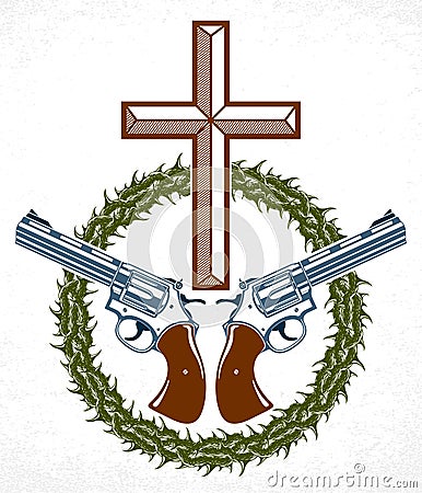 Criminal gangster dramatic emblem or logo with Christian Cross symbolizing death, vector vintage style tattoo, rebel rioter Vector Illustration