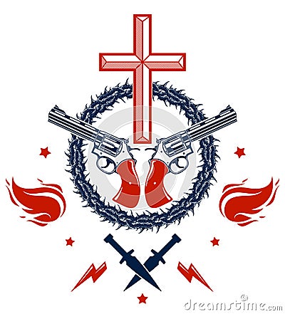 Criminal gangster dramatic emblem or logo with Christian Cross symbolizing death, weapons and different design elements, vector Vector Illustration