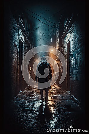 A criminal in a hoodie in a dark dangerous alley with trash heaped on the side. Stock Photo