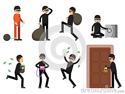 Criminal illustrations of theif characters in different action poses Vector Illustration