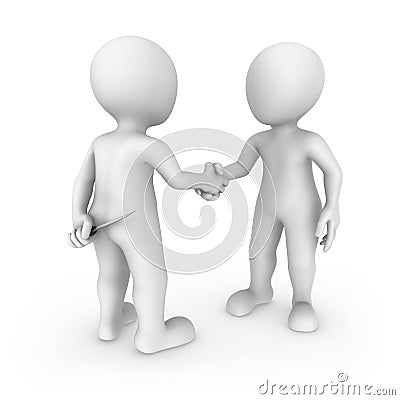 The criminal with a knife and its victim shake hands. 3d small people. Cartoon Illustration