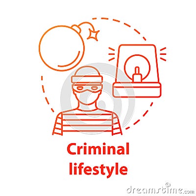 Criminal lifestyle red concept icon. Committing crime idea thin line illustration. Terrorist with bomb. Robber Vector Illustration
