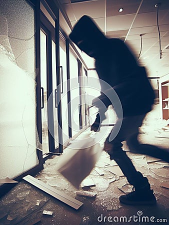 criminal looter rob vandalize retail shop , steal merchandise. graffiti activism paint and break all Stock Photo