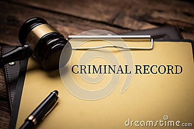 Criminal Record text on Document and gavel isolated on wooden office desk Stock Photo