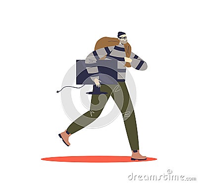 Criminal running with stolen tv after housebreaking robbery. Cartoon burglar escaping Vector Illustration