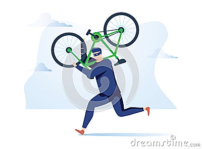 Criminal stealing bicycle vector illustration. Caucasian man in black hoodie cartoon character. Bike theft, law break Vector Illustration