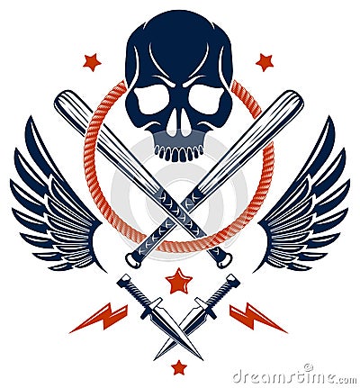 Criminal tattoo ,gang emblem or logo with aggressive skull baseball bats and other weapons and design elements, vector, bandit Vector Illustration