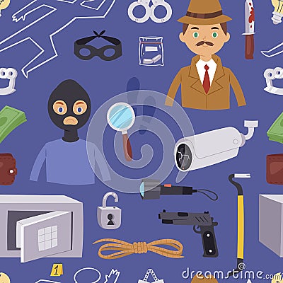 Criminal thief cartoon detective character design with equipment investigator police man design vector seamless pattern Vector Illustration