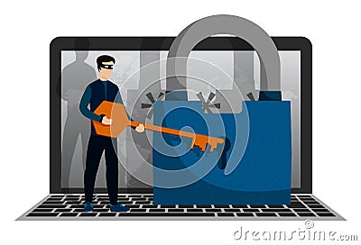 Criminal, thief trying to open lock of locked computer with key. Cybersecurity and digital crime. Safe storage of data in Internet Vector Illustration