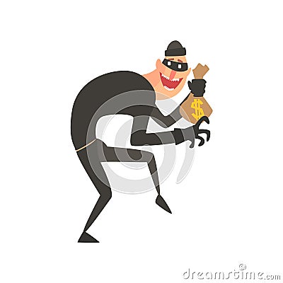 Criminal Wearing Mask Holding Money Bag Tiptoeing Committing A Crime Robbing The Bank Vector Illustration