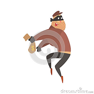 Criminal Wearing Mask Holding Money Cloth Bag Getting Away With A Crime Robbing The Bank Vector Illustration