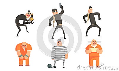 Criminals and Prisoners Characters Set, Masked Robbers Committing Burglary or Theft, Prisoners in Uniform Vector Vector Illustration