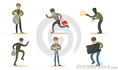 Criminals and Robbers Characters Set, Masked Burglars in Dark Clothes in Masks Stealing Money, Handbag, Electronics Vector Illustration