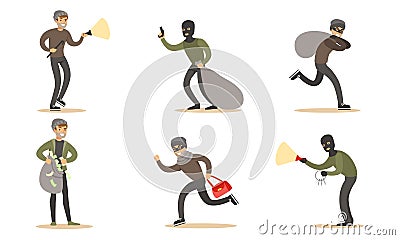 Criminals and Robbers Characters Set, Masked Burglars with Guns in Masks Stealing Money Vector Illustration Vector Illustration