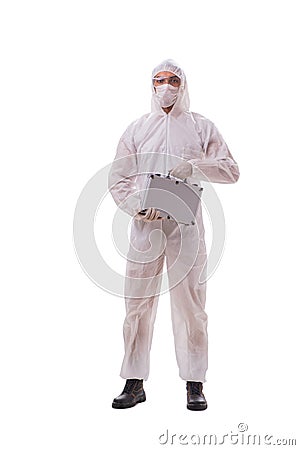 The criminologist in protective suit with steel case Stock Photo