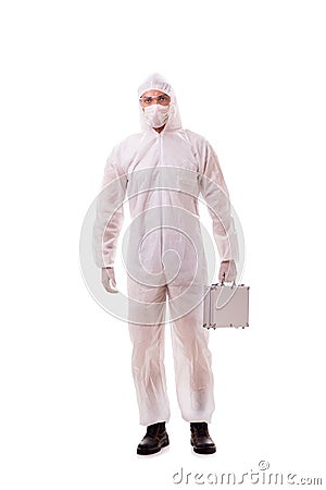 The criminologist in protective suit with steel case Stock Photo