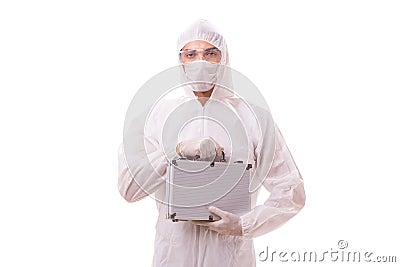 The criminologist in protective suit with steel case Stock Photo