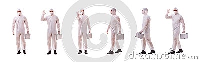 The criminologist in protective suit with steel case Stock Photo