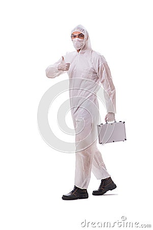 The criminologist in protective suit with steel case Stock Photo