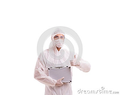 Criminologist in protective suit with steel case Stock Photo