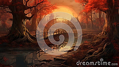 Crimson And Amber Fantasy Wallpaper With Rustic Realism Stock Photo