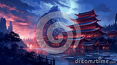 Fantastic Medieval Crimson Chinese Temple Landscape Wallpaper in Mountainous Setting. Generative AI Stock Photo