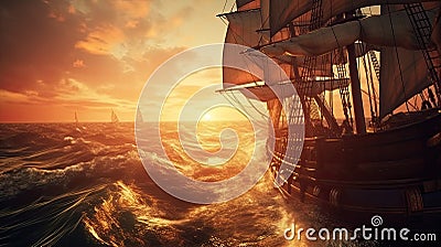 Crimson Tide. Small sailing ship in the open sea at sunset. Stock Photo