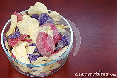 Crimson, Yellow and Purple Potato Chips Stock Photo