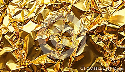Crinkled golden foil creating a shimmering texture with reflective light enhancing its intricate patterns and shapes Stock Photo