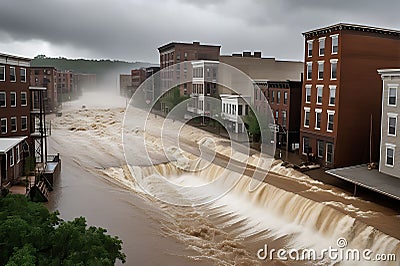 Crippling Deluge Overpowers Structures: Cascading Water Undermines Foundations, Buildings in Various States of Peril Stock Photo