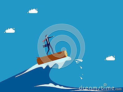 Through the crisis through the efforts of leaders. Businessman surfing sea waves with sticks Vector Illustration