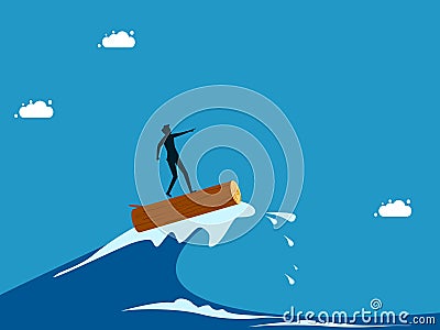 Through the crisis through the efforts of leaders. man surfing sea waves with sticks Vector Illustration