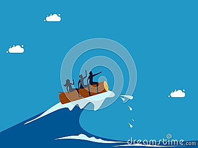 Through the crisis through the efforts of visionary leaders. Business team surfing sea waves with stick Vector Illustration