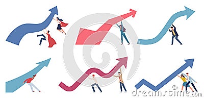 Crisis management. Businessmen change business direction pushing upwards financial chart arrow, market panic economic Vector Illustration