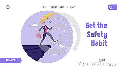 Crisis Protection Website Landing Page. Businessman Leap of Faith. Presumptuous Business Man Walking Off Cliff Vector Illustration