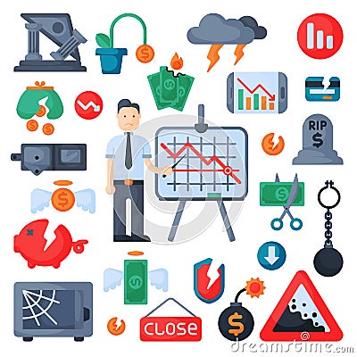 Crisis symbols concept problem economy banking business finance design investment icons set vector. Vector Illustration