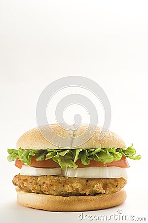 Crisp chicken burger with tomato onion cheese lett Stock Photo