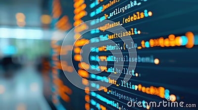 A crisp closeup of computer code showcased on a monitor, with a soft pastel bokeh that enhances the software vibe Stock Photo