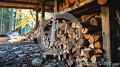 Background, Firewood harvesting, barn, tree, firewood, fall Stock Photo