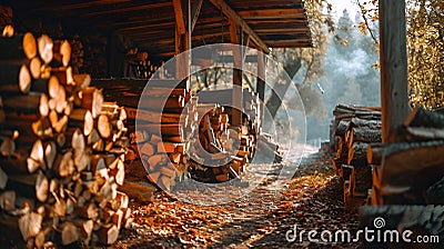 Background, Firewood harvesting, barn, tree, firewood, fall Stock Photo