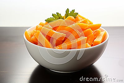 Crisp and fresh Frozen orange carrot in white bowl, healthy Stock Photo