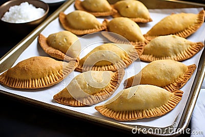 crisp golden empanadas on a paper lined tray Stock Photo