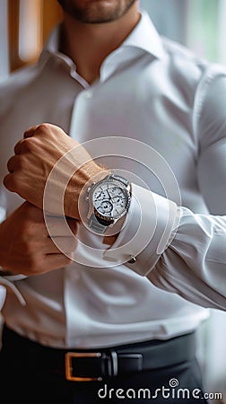 Crisp style man buttoning white shirt, accentuated by a stylish watch Stock Photo