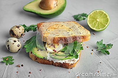 Crisp toast with sliced avocado, cream cheese Stock Photo