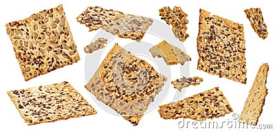 Crispbread with sesame, flax and sunflower grains isolated on white background Stock Photo