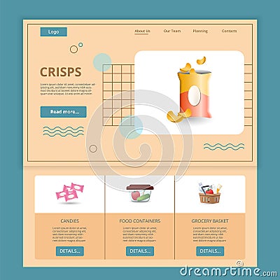 Crisps flat landing page website template. Candies, food containers, grocery basket. Web banner with header, content and Vector Illustration